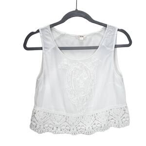 Timing Embroidered Women's Crop Top Lace Hem Sleeveless Shirt White‎ M.